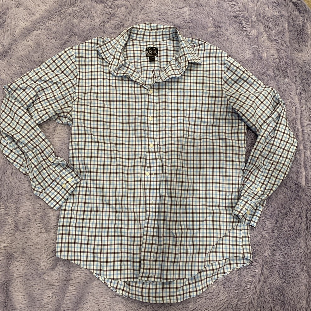 Men's Jos A Bank Plaid Button Down Classic Collection Brown & Blue